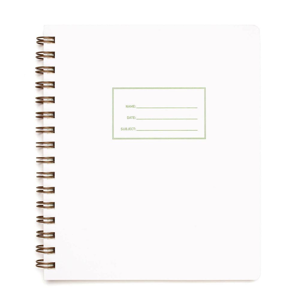 Notebook with white background and coiled binding. Green outlined rectanle with text says, "Name, Date, Subject". 