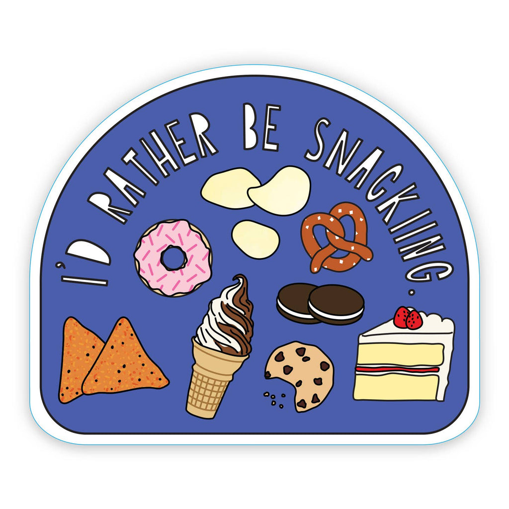 Decorative sticker with blue background and images of donuts, cookies, ice cream and chips with white text says, "I'd rather be snacking."