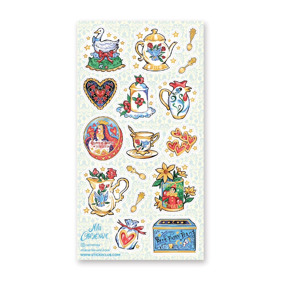 Sticker sheet with white and green background with images of teapots, teacup, canisters of tea and biscuits. 