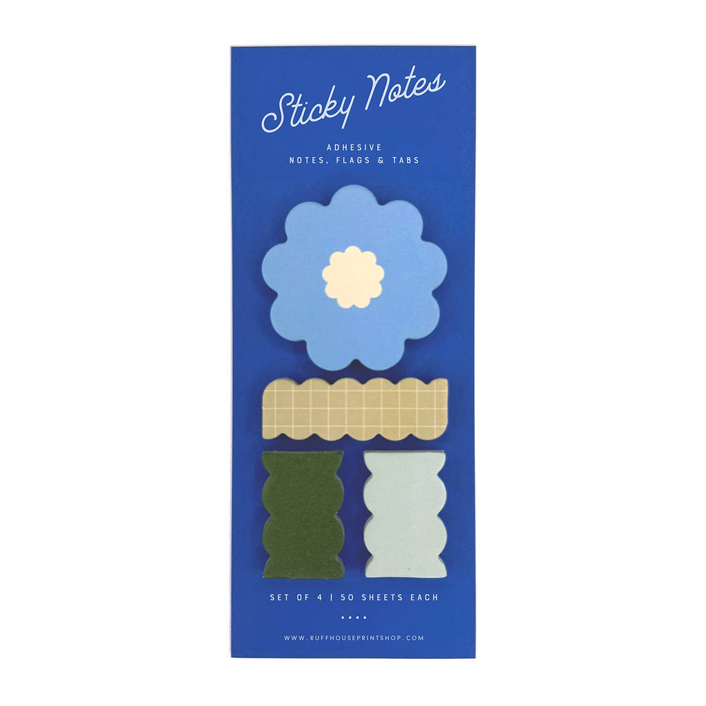 Sticky notes in shape of a blue flower with white center and strip page markers in tan, black and white. 