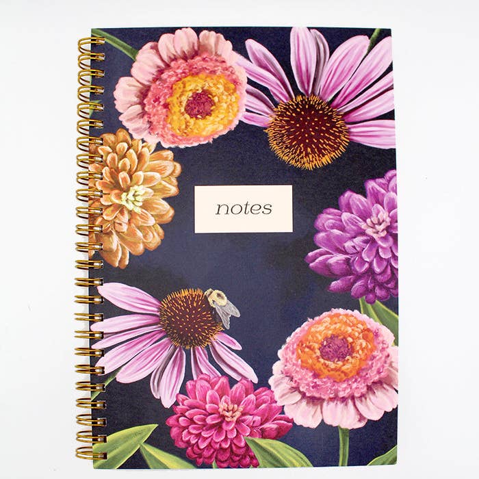 Notebook with navy background and images of flowers in pink, brown, purple and yellow. 