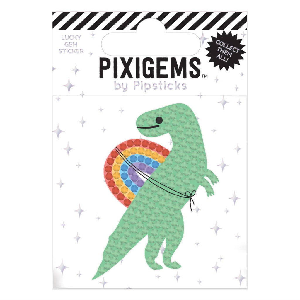 Sticker in the image of a green dinosaur with a rainbow tied to it with black string. 