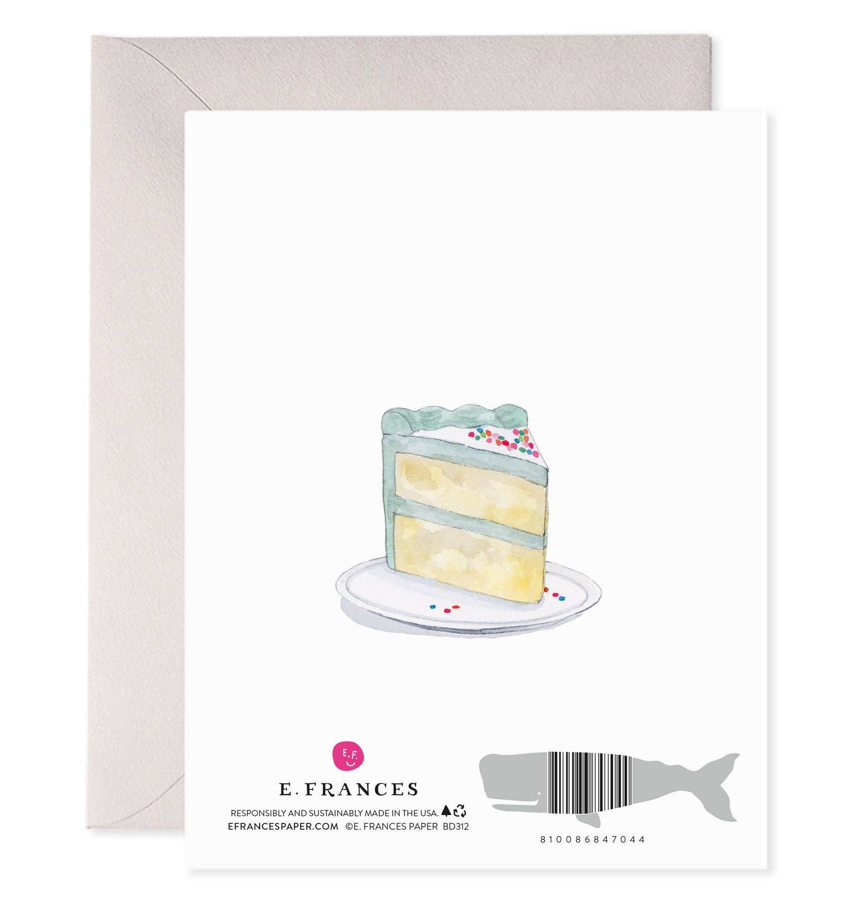 Back of greeting card with white background and image of a piece of birthday cake on a plate. 