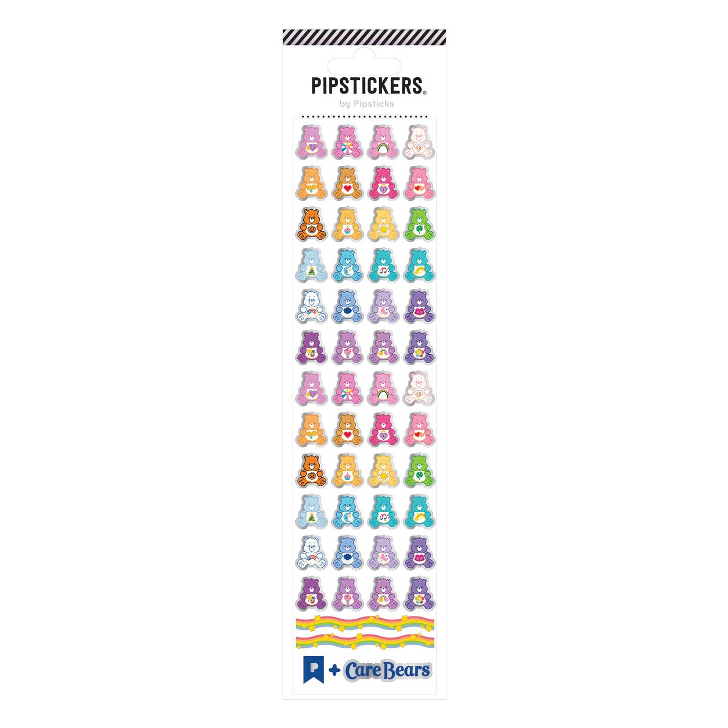 Decorative sticker sheet with images of cast of Care Bear characters. 