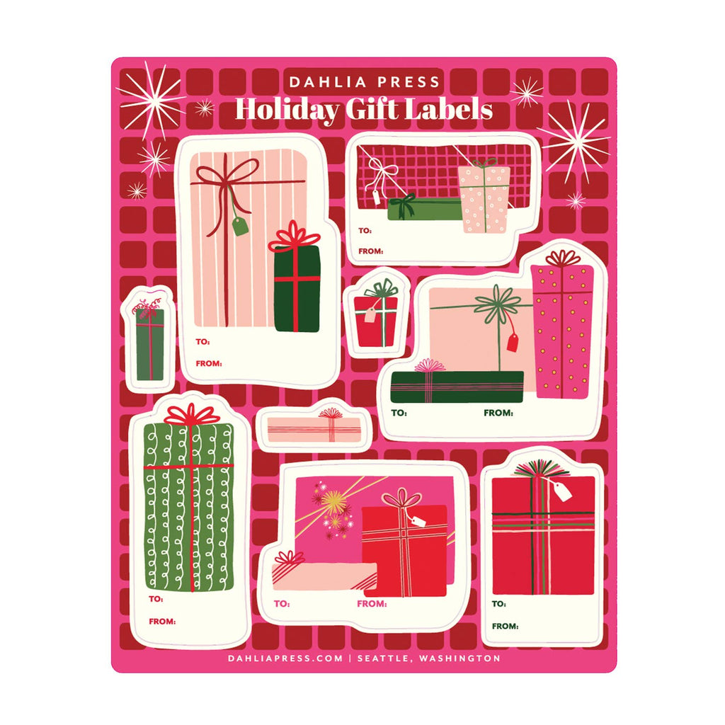 Gift tag stickers with red and pink background and images of presents in red, pink, green and white with red text says, "To: From:".