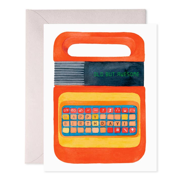 Greeting card with white background image of a Speak and Say with green text says, "Old but awesome". Grey envelope included.