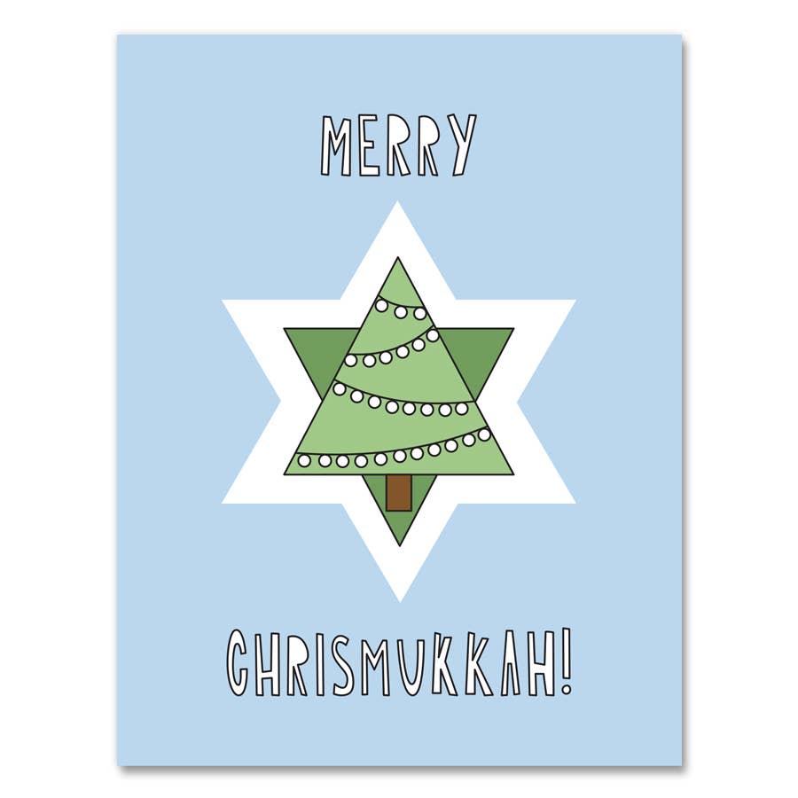 Greeting card with blue background and image of a Jewish star in green and the shape of a holiday tree. White text says, "Merry Chrismukkah!". Envelope included. 