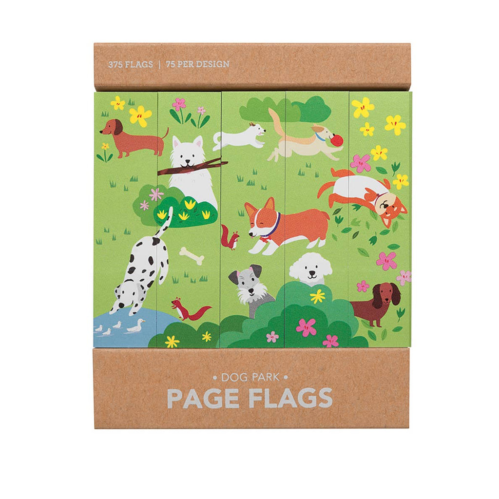 Image of pad of tape flags with a green background and images of dogs playing in a green field. 