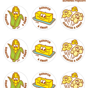 Sticker sheet with white background and images of popcorn, an ear of corn and a stick of butter.