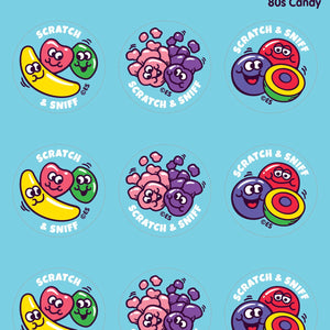 Sticker sheet with blue background and images of runts, airheads and pop rox candies. 