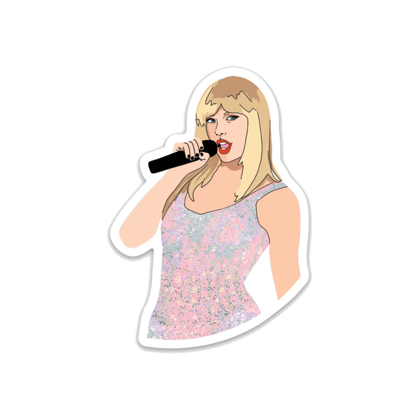 Decorative sticker with image of Taylor Swift wearing pink sparkly outfit. 