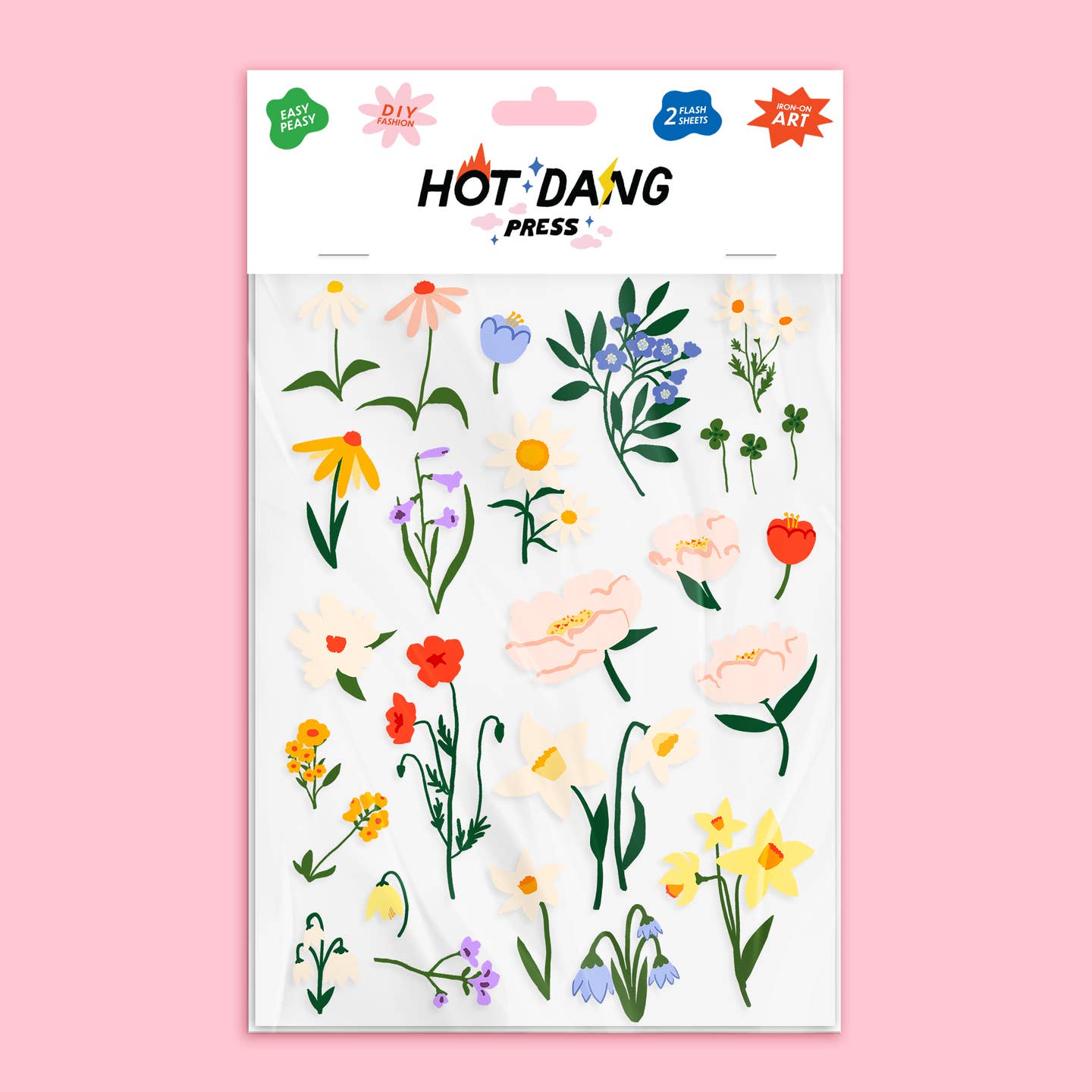 Image of iron on appliques with blue, yellow, red and pink flowers with green stems. 