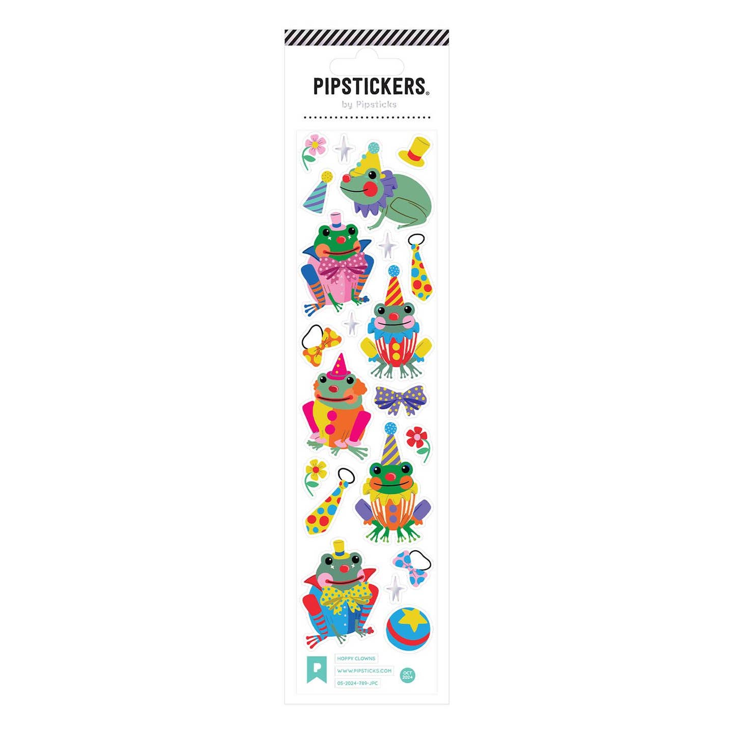 Decorative sticker sheet with images of frogs dressed up as clowns. 