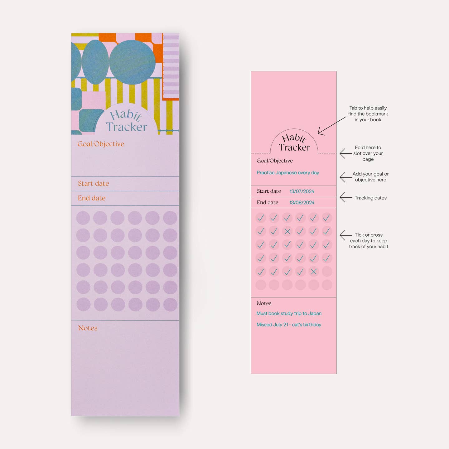 Paper bookmark with lilac background with olive, blue and orange.  Orange text says, "Goal/objective, start date, end date, notes". 