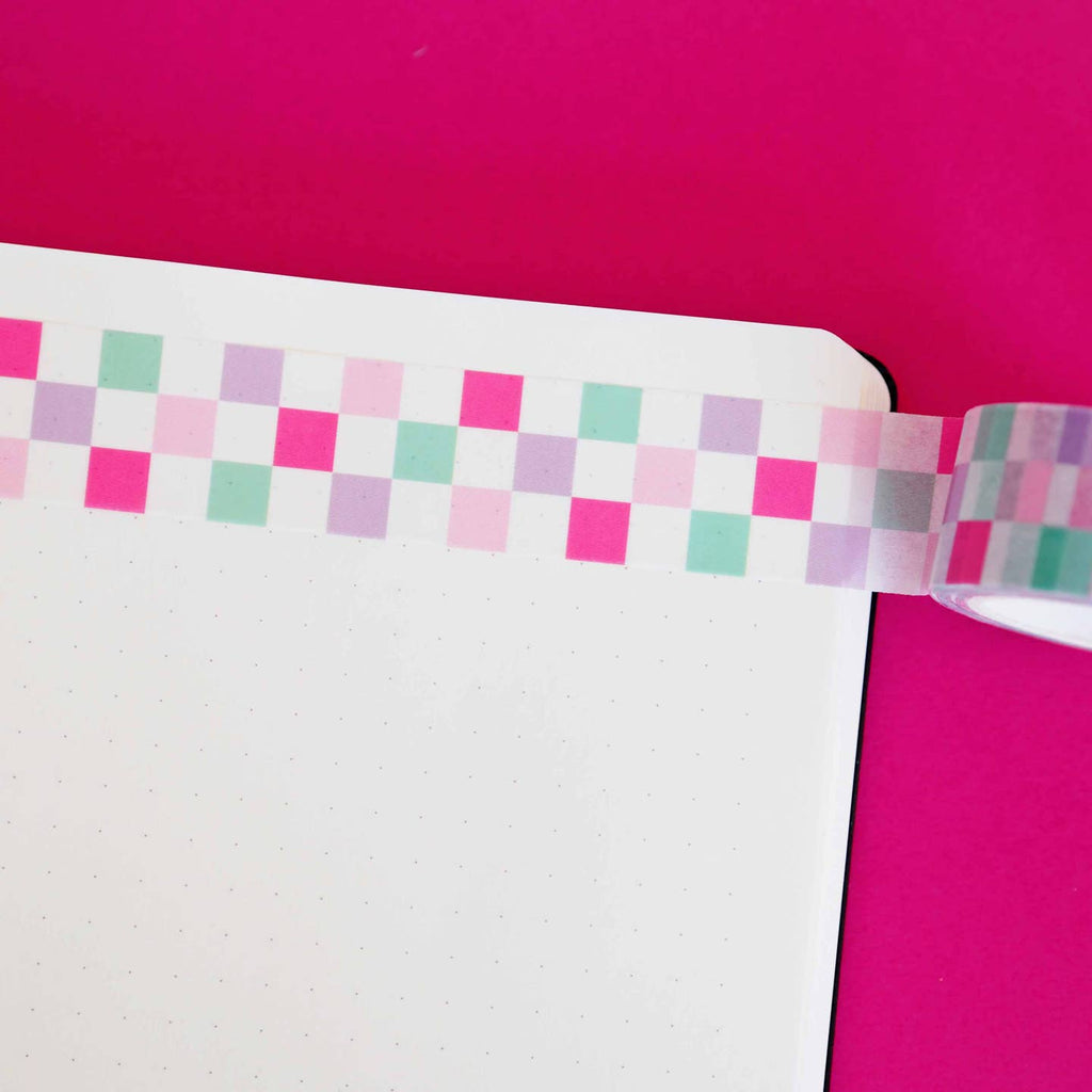 Washi tape with checkerboard pattern in pink, bright pink, mint and lilac.
