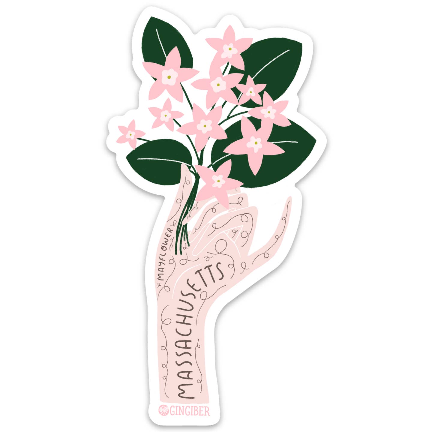 Sticker with white background and image of pink hand holding a bunch of pink mayflowers with green leaves and stems and black text says, "Masachusetts Mayflower". 