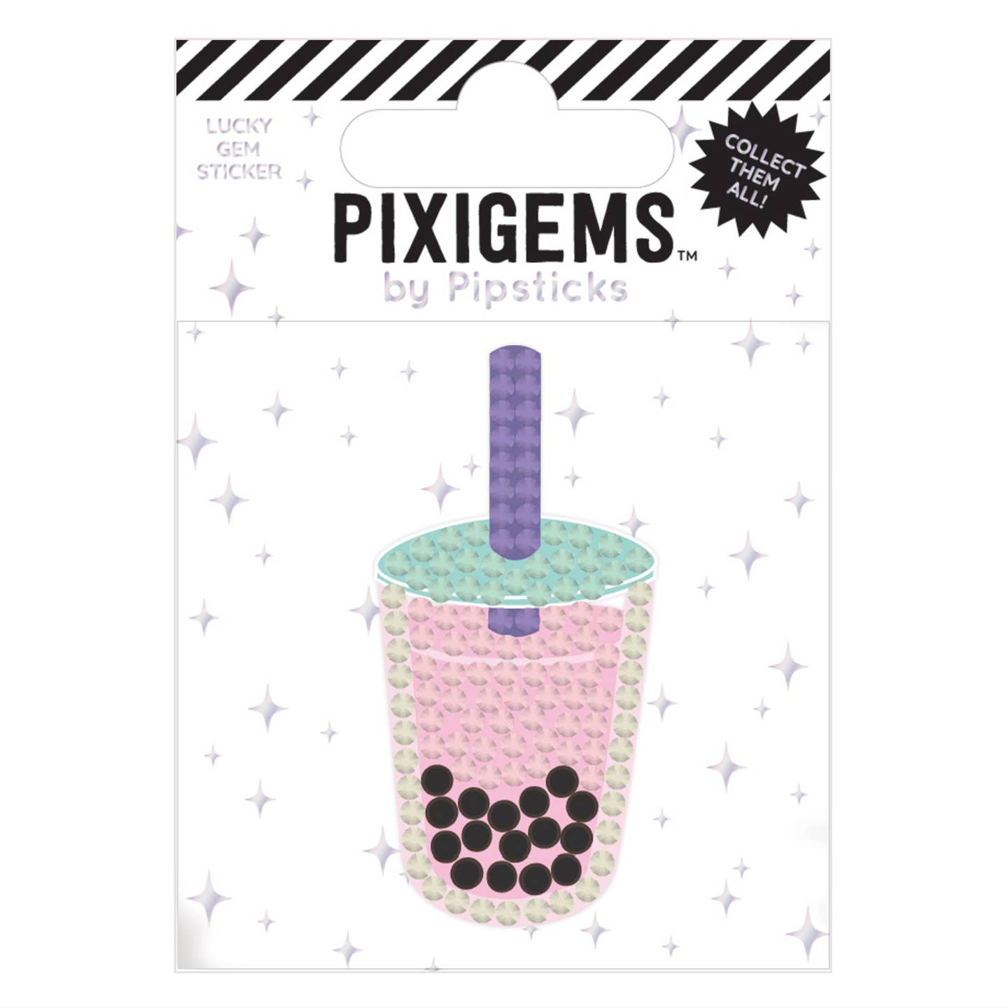 Sticker in the image of a cup of boba in pink with aqua lid and purple straw.