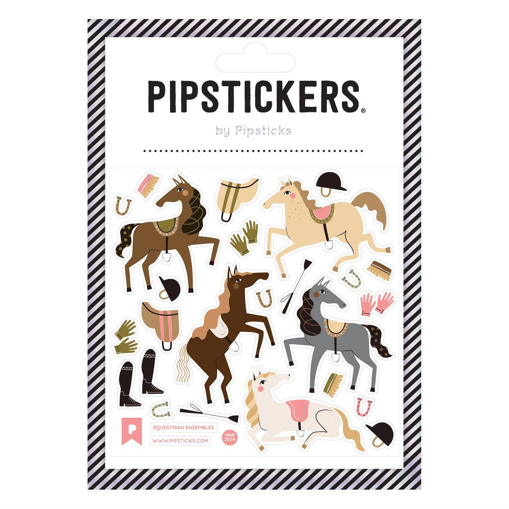 Sticker sheet with images of horses in brown, tan, grey and white with images of gloves, saddle, horseshoes, boots, crop and brushes. 