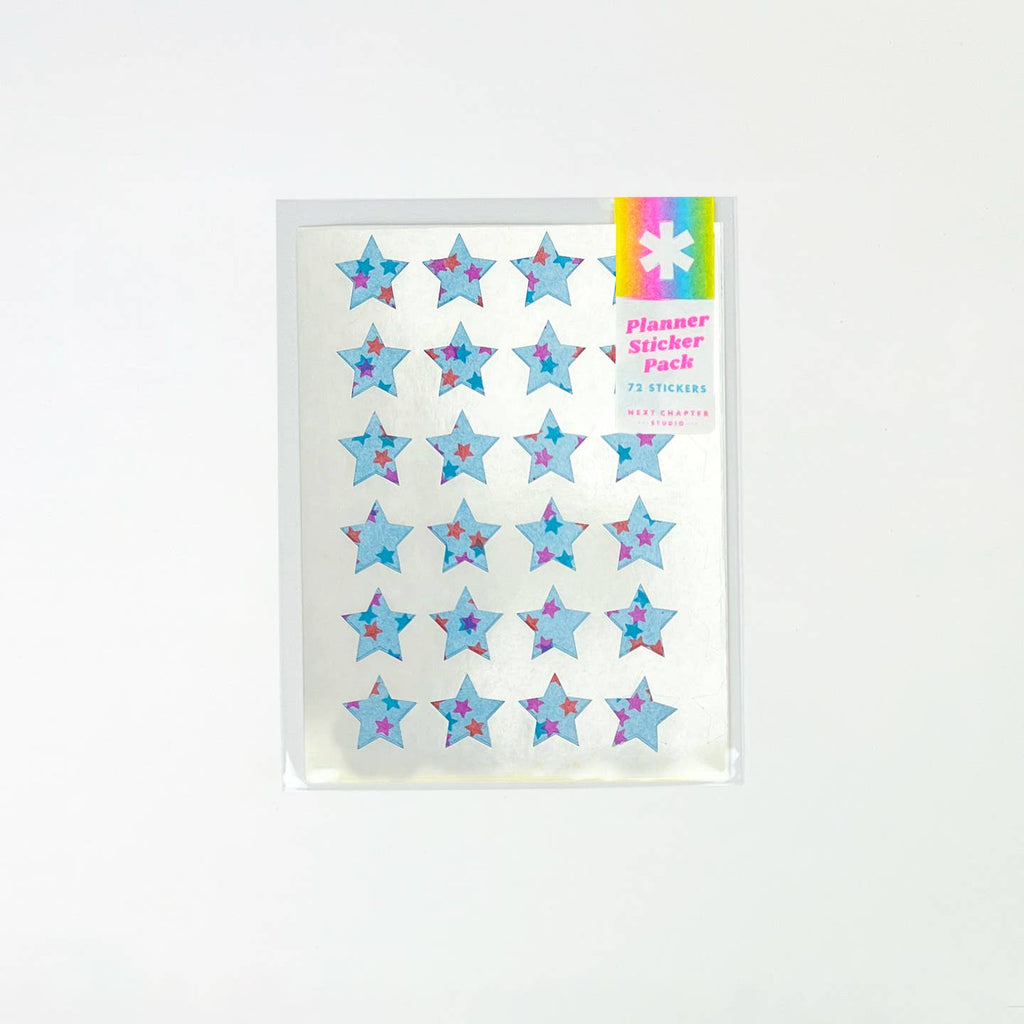 Image of sticker sheets with images of blue star shaped stickers.