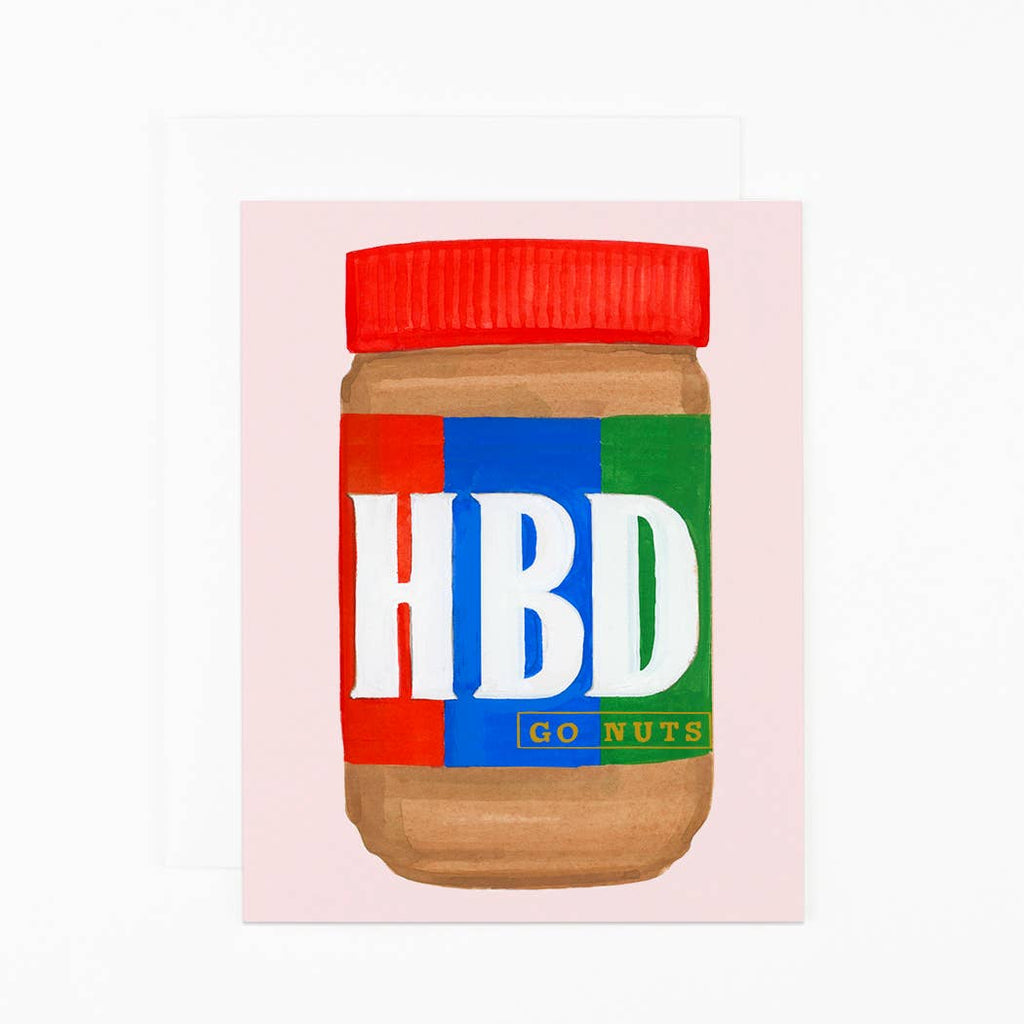 Greeting card with white background and image of a JIF peanut butter jar with white text says, "HBD" and yellow text says, "Go Nuts". Envelope included. 