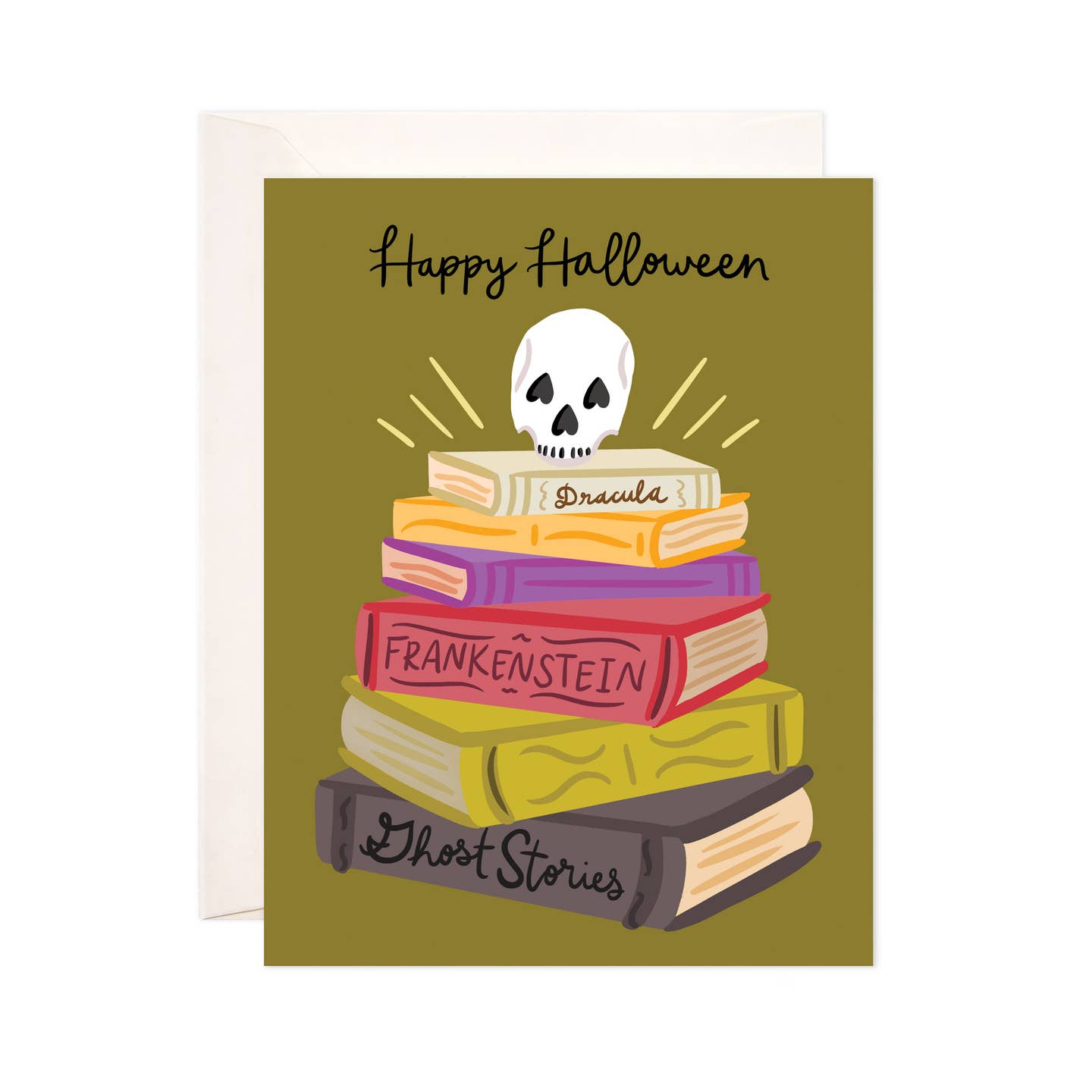 Greeting card with olive green background with stack of books with skull on top. Black text says, "Happy Halloween". Books have black text says, "Dracula, Frankenstein, Ghost stories". Envelope included. 