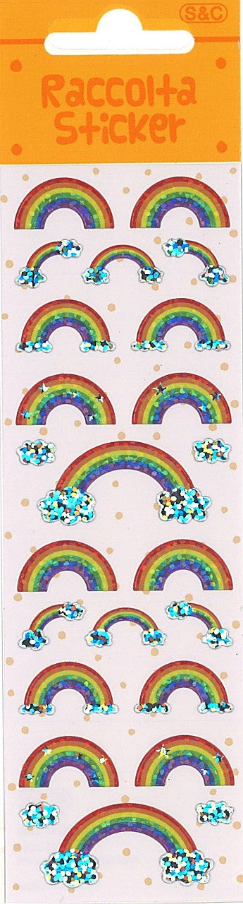 Decorative sticker sheet with white background and images of rainbows and sparkly clouds.