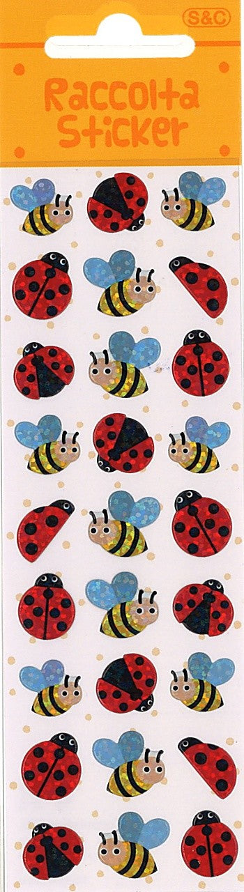 Sticker sheet with white background and images of bees and lady bugs.