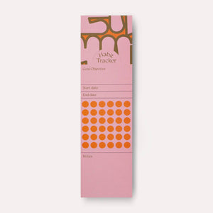 Bookmark with pink, orange and olive geometrics and olive text says, "Habit tracker, goal/objective, start date, end date, notes". Orange circles for marking off days.