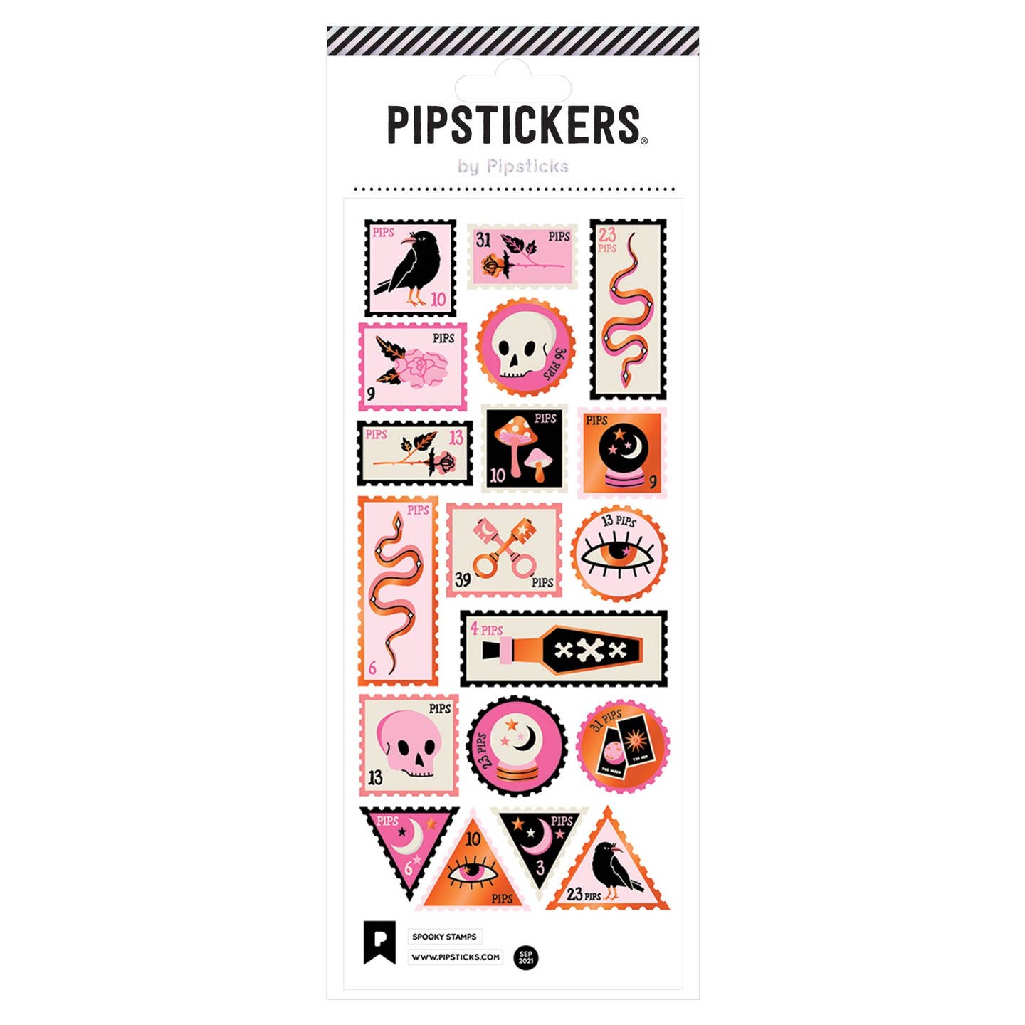 Sticker sheet with images of stamps with spooky theme including skulls, crows, keys, snake, eye, crystal ball and poison in pink, orange, black and white.