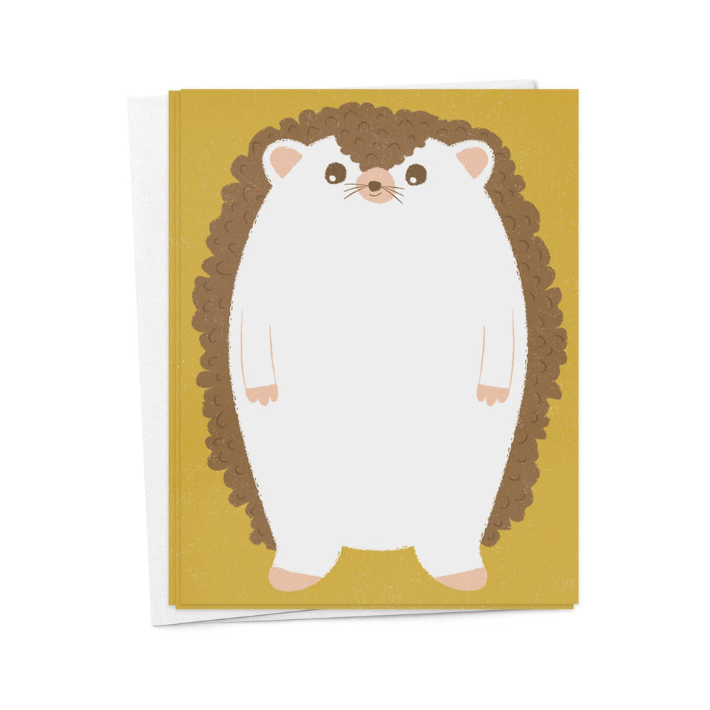 Note cards with gold background and image of brown hedgehog  with white front for message writing. 