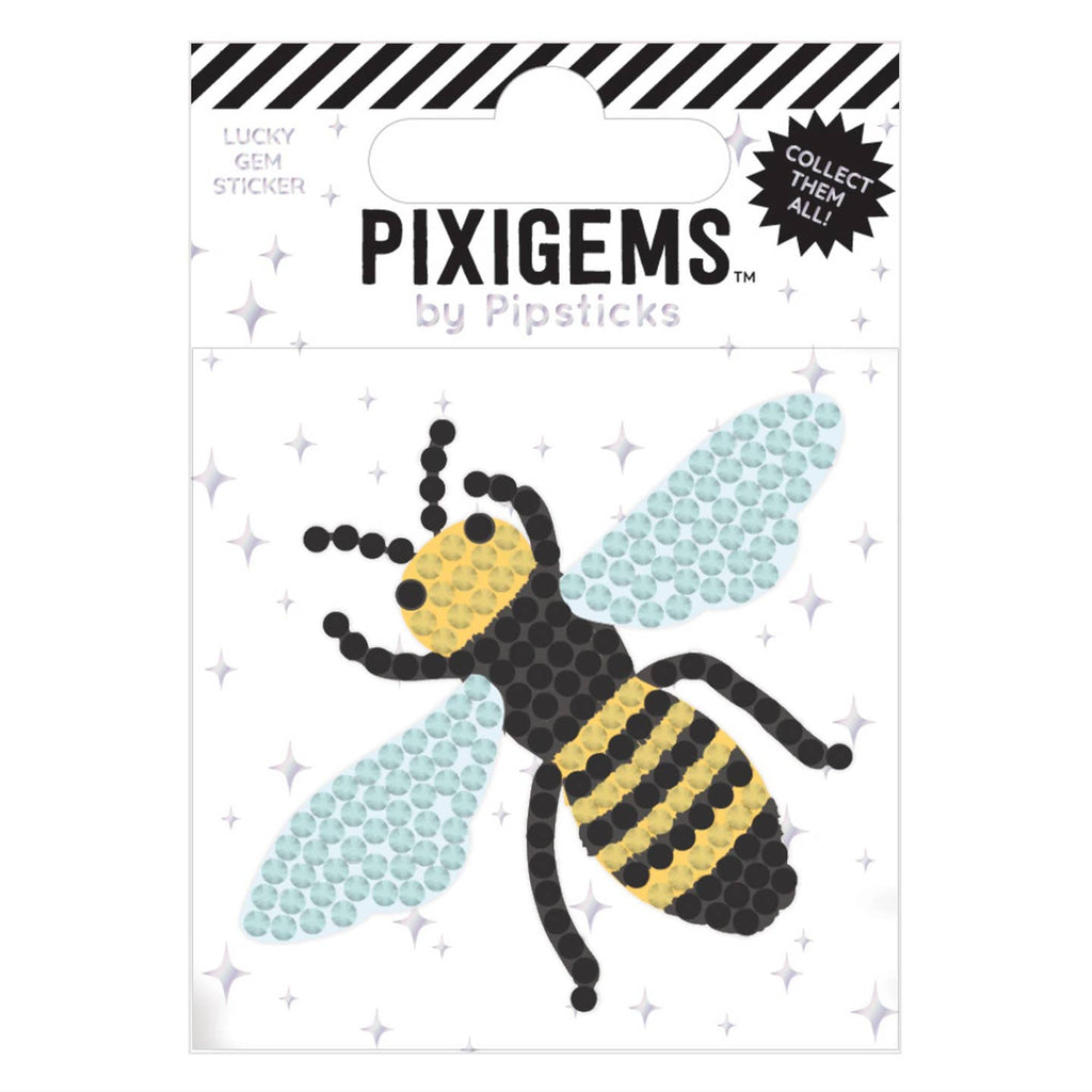 Sticker of bee in black and yellow with shiny silver wings. 