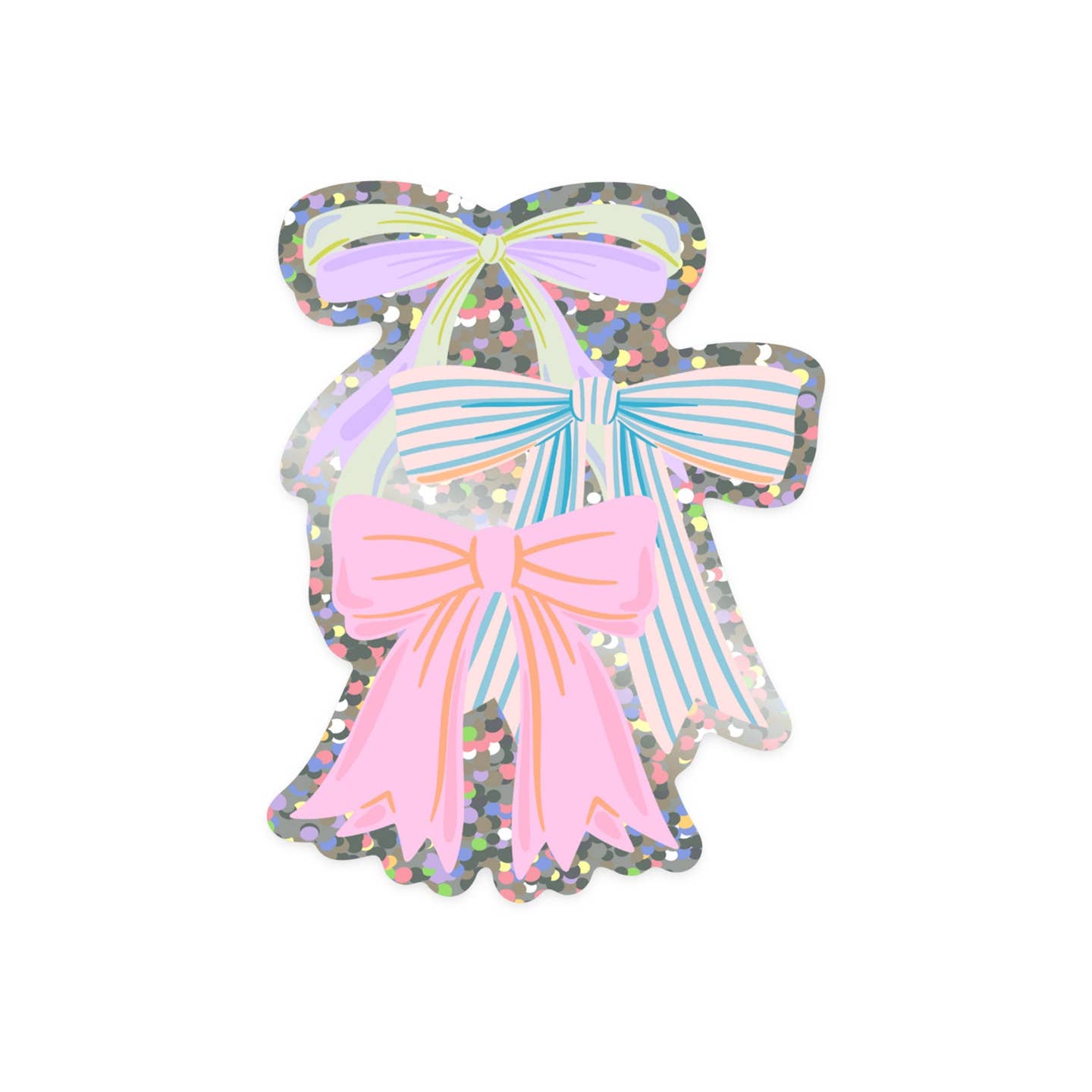 Sticker in the image of three bows in pink, blue and lilac with silver holographic detail. 