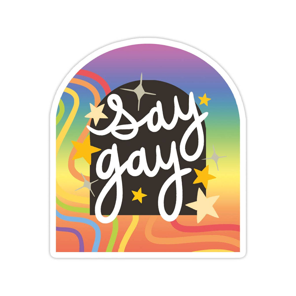 Image of sticker with rainbow blended border and black center with white text says, "Say gay". 