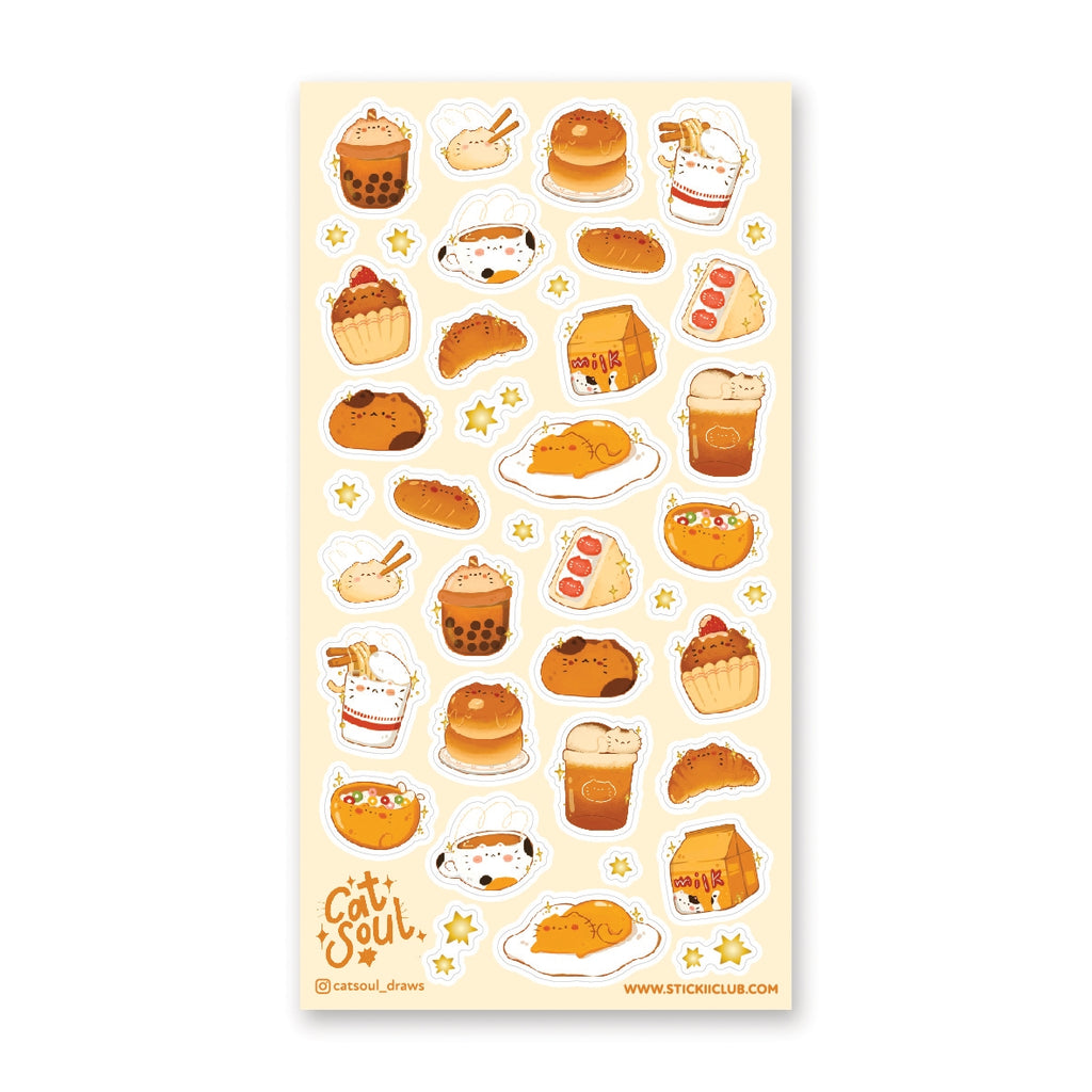 Images of cats as cafe menu food and beverages in tan, white, beige, and brown. 