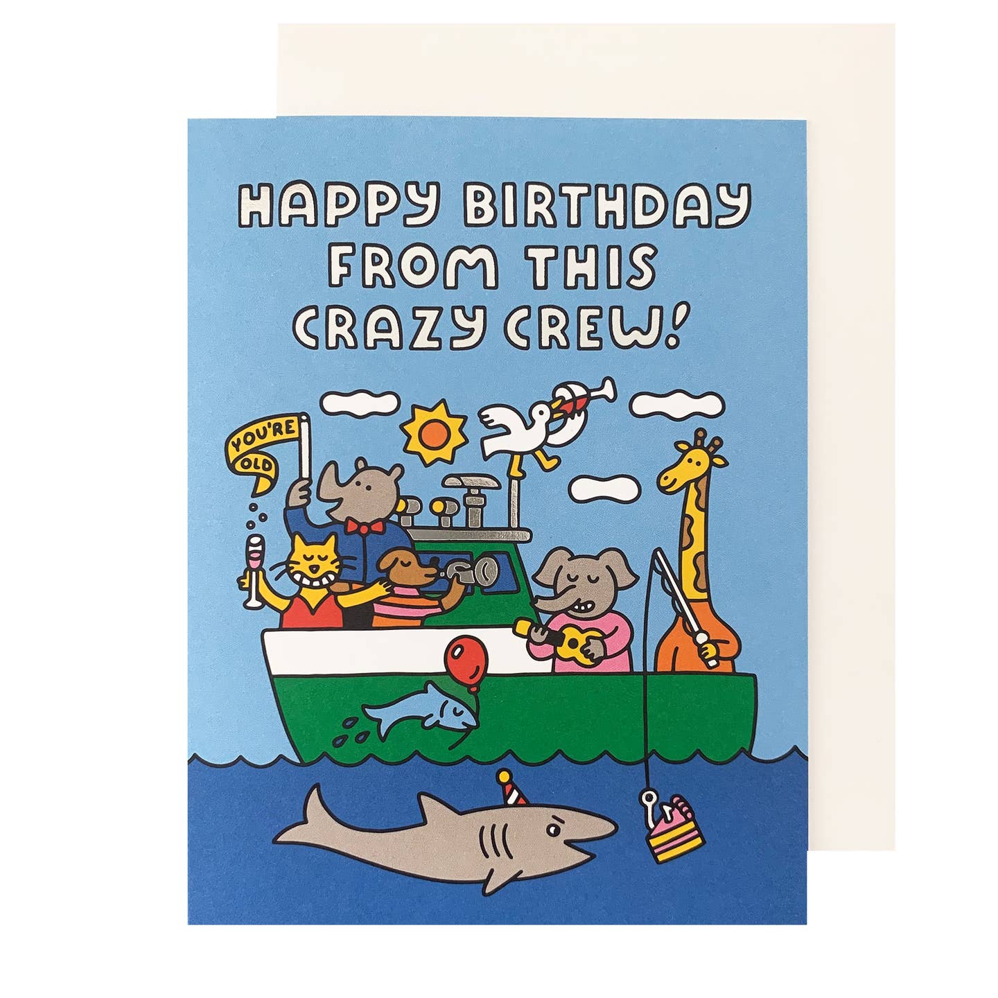 Greeting card with image of a boat filled with animals partying and wearing party hats, drinking wine and having cake. White text says, "Happy Birthday from this crazy crew!". White envelope included. 