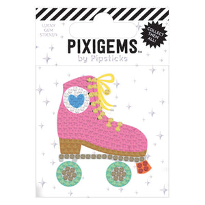 Sticker in the image of a roller skate in pink with a blue heart, yellow laces and green wheels.