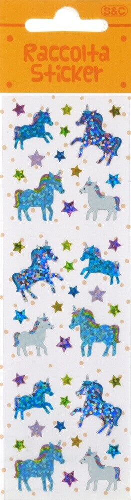 Decorative sticker sheet with white background and images of unicorns in sparkly blue and white.
