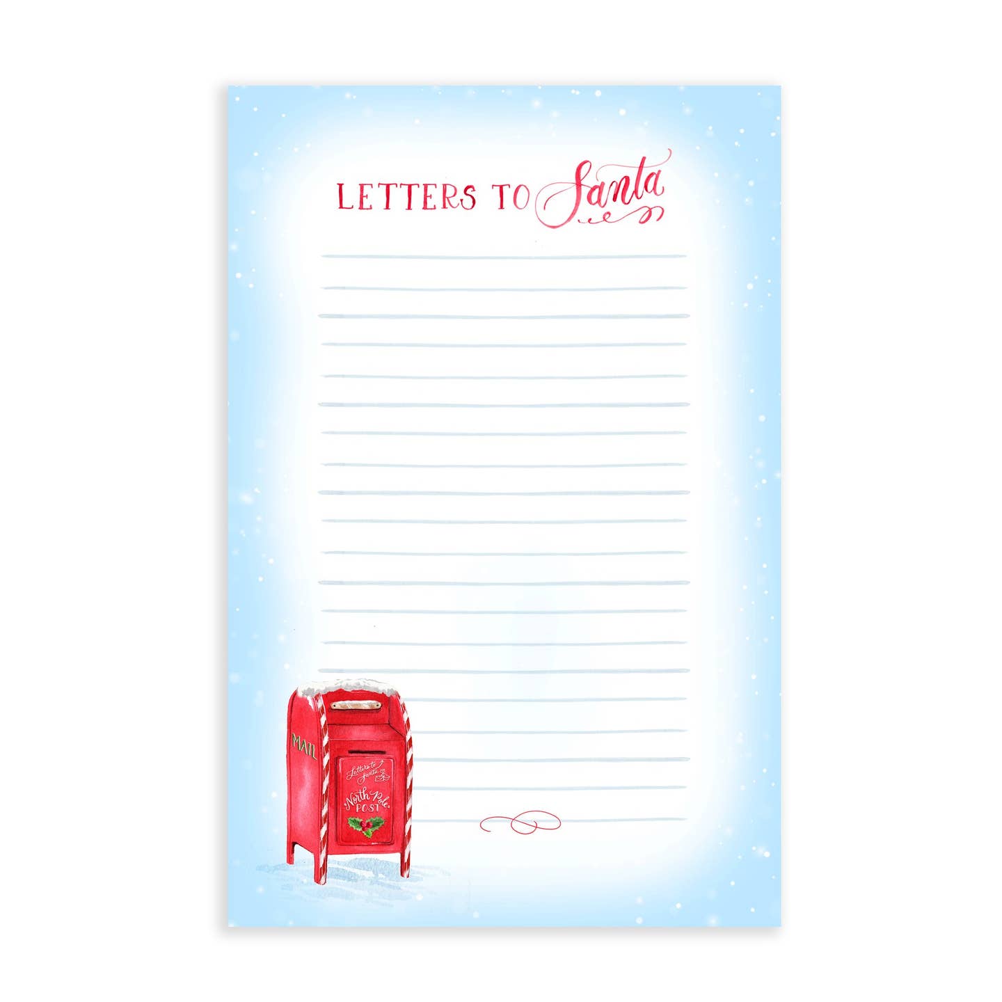 Notepad with white middle and light blue edges. Red mailbox at bottom left corner and red text says, "Letters to Santa". 