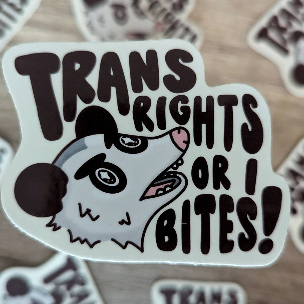 White background with image of possum head and black text says, "Trans rights of I bites!". 