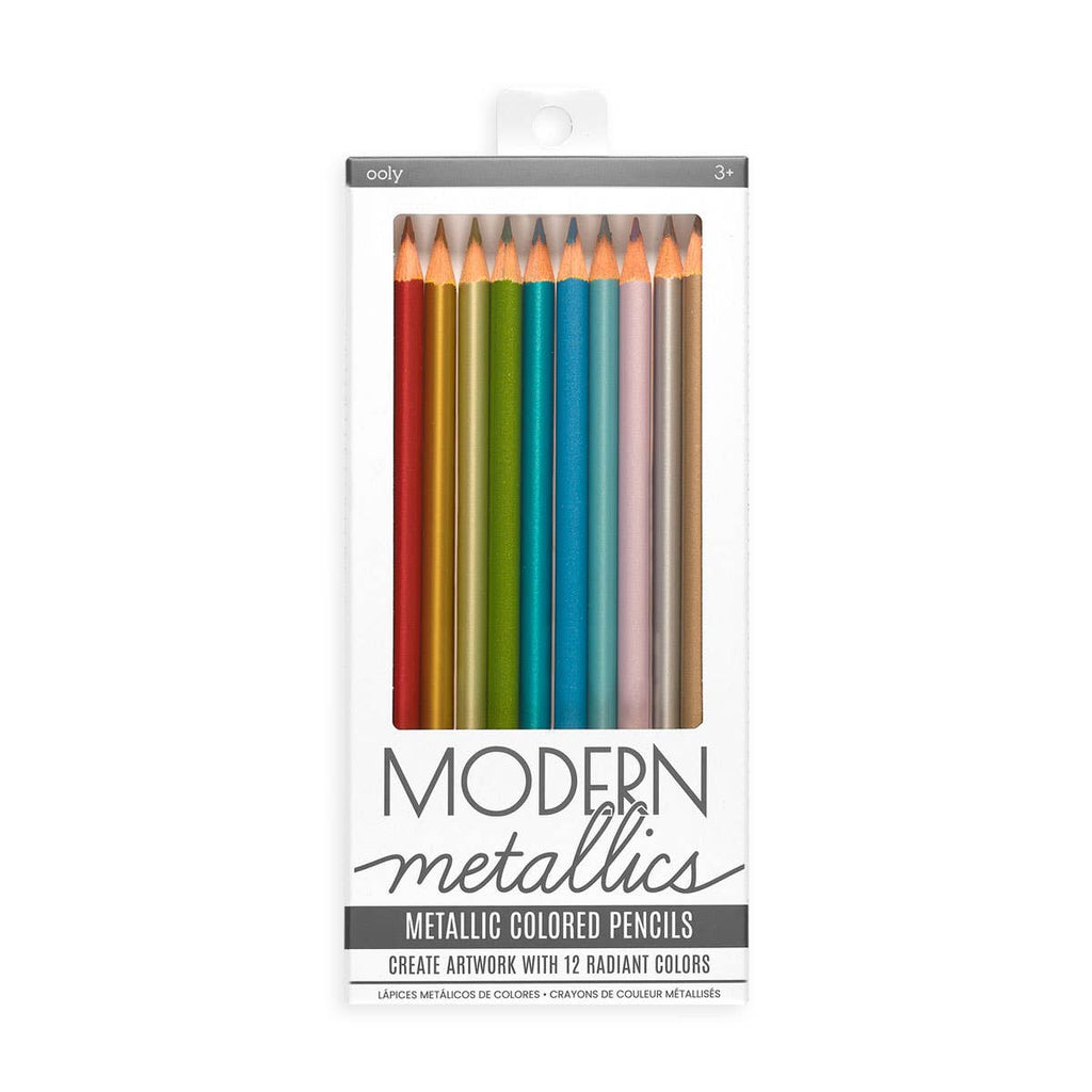 Box of metallic colored pencils in rainbow colors.