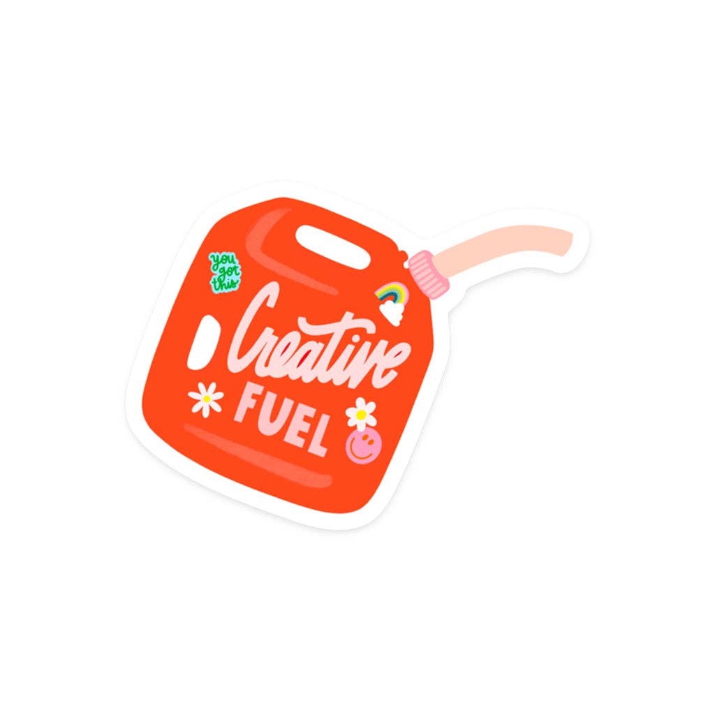 White background with image of red fuel carrier and pink text says, "Creative fuel". 
