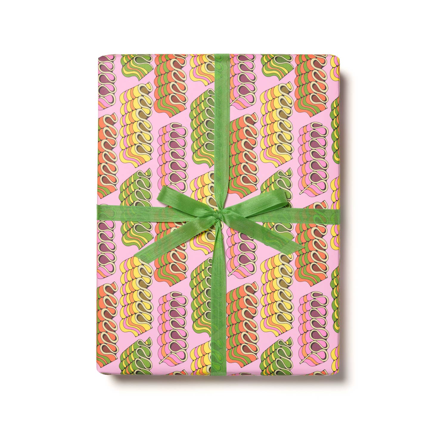 Pink background with images of ribbon candy in pastel colors. 