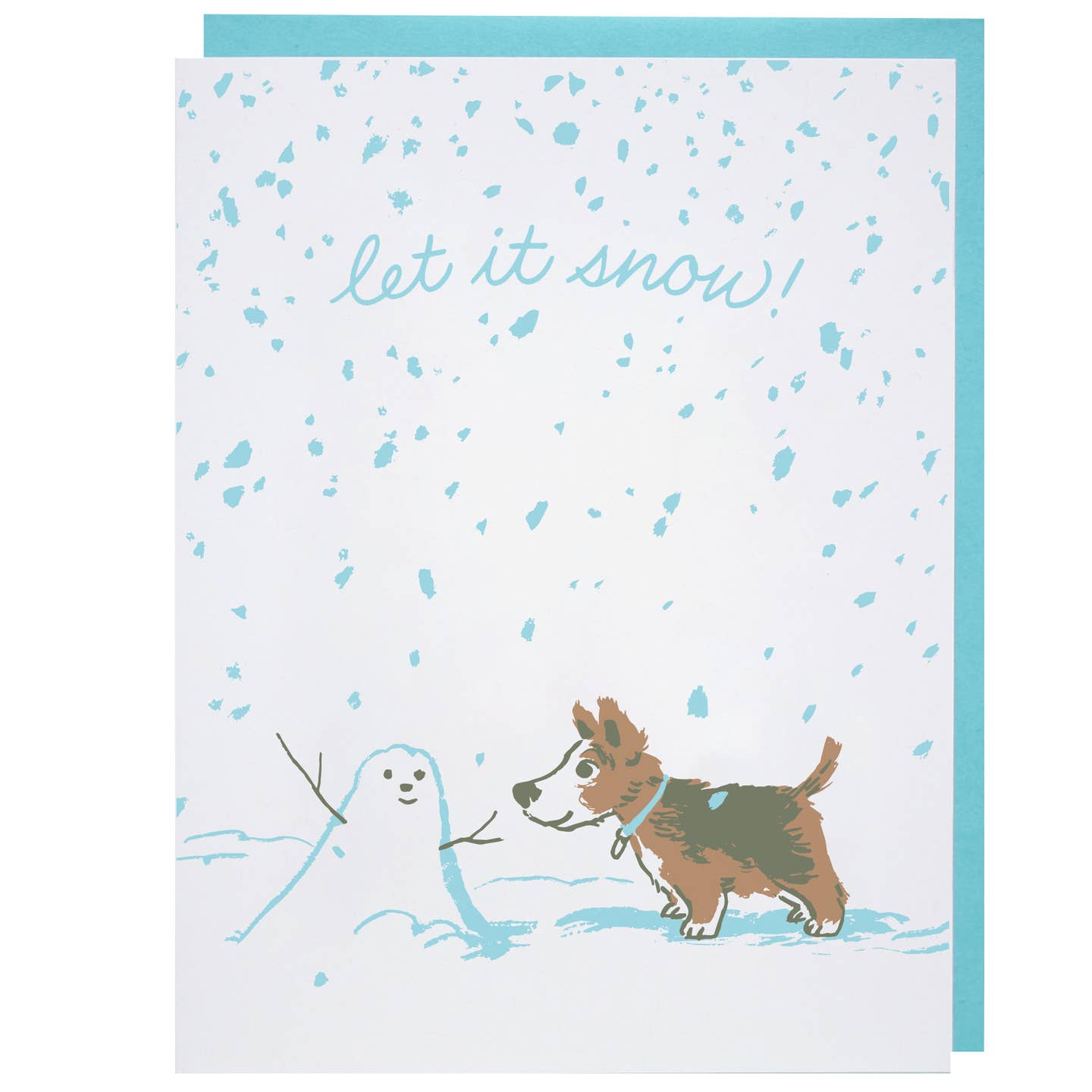 Greeting card with white background with blue flakes of snow and image of a brown, black and white dog and a small snowman. Blue text says, "Let it snow". Blue envelope included. 