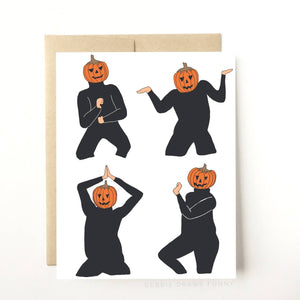 White background with image of pumpkin headed person in black clothing making dance moves. Kraft envelope included. 