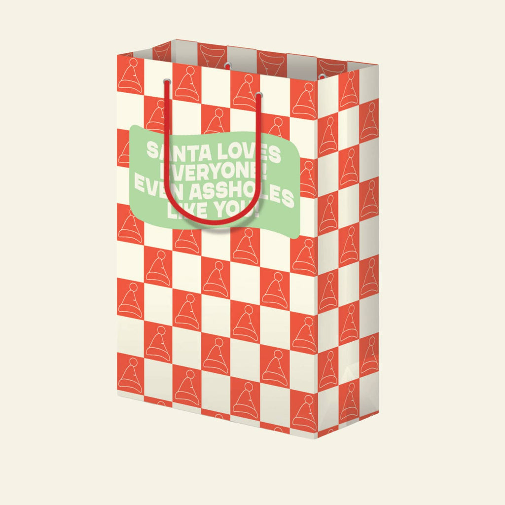 Red and white checkerboard background with outline of Santa hats on red squares and green box with white text says, "Santa loves everyone even assholes like you" with red cord handle. 