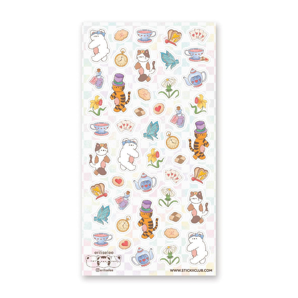 Sticker sheet with images of cats  having tea party activities in Wonderland.