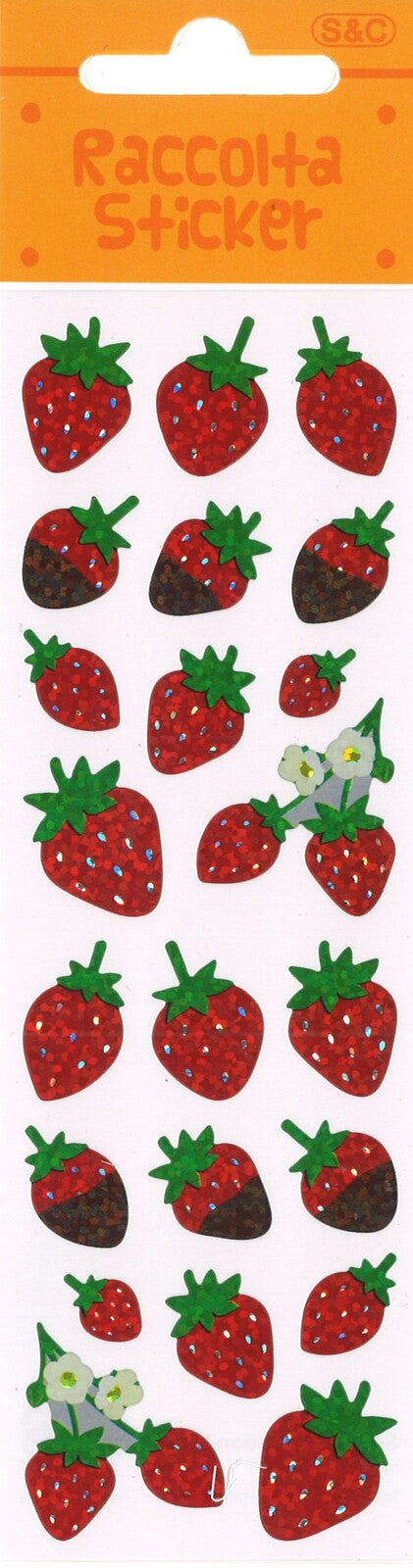 Decorative sticker sheet with white. background and images of strawberries with foil details.