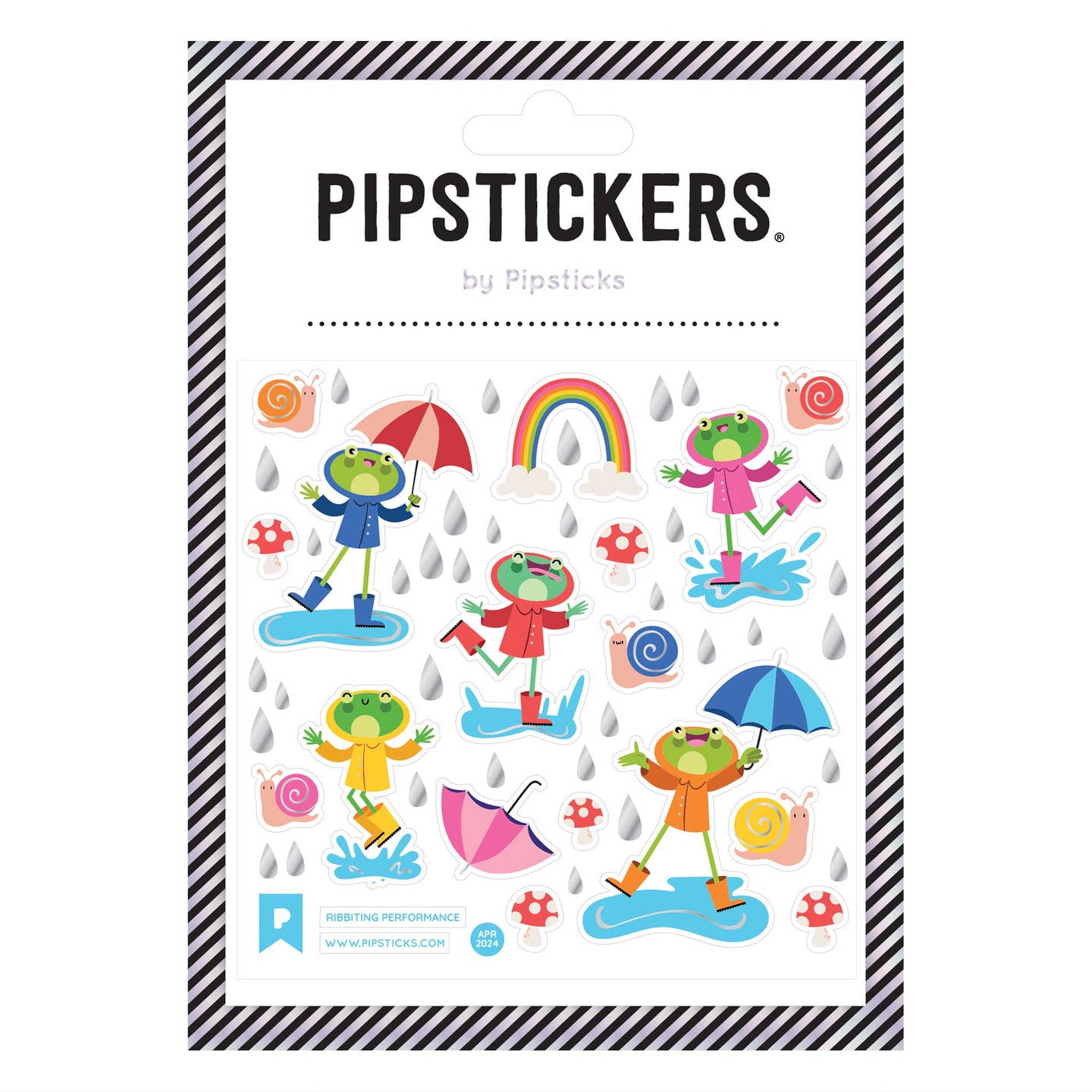 Sticker sheet with images of green frogs dressed in raincoats and splashing in puddles, holding umbrellas with snails, raindrops and toadstools. 