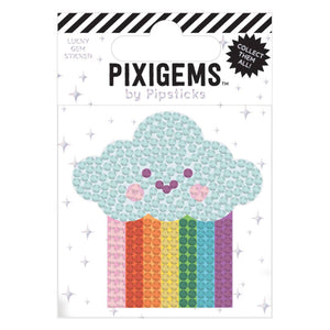 Sticker in the image of a white cloud with rainbow below in pink, red, orange, yellow, green, blue and purple.