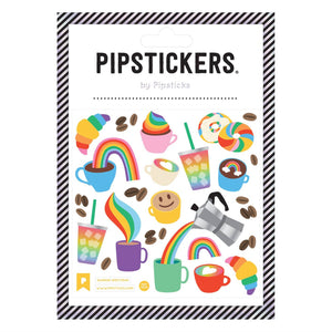 Sticker sheet with images of croissant, boba, tea, coffee, bagels with rainbows. 